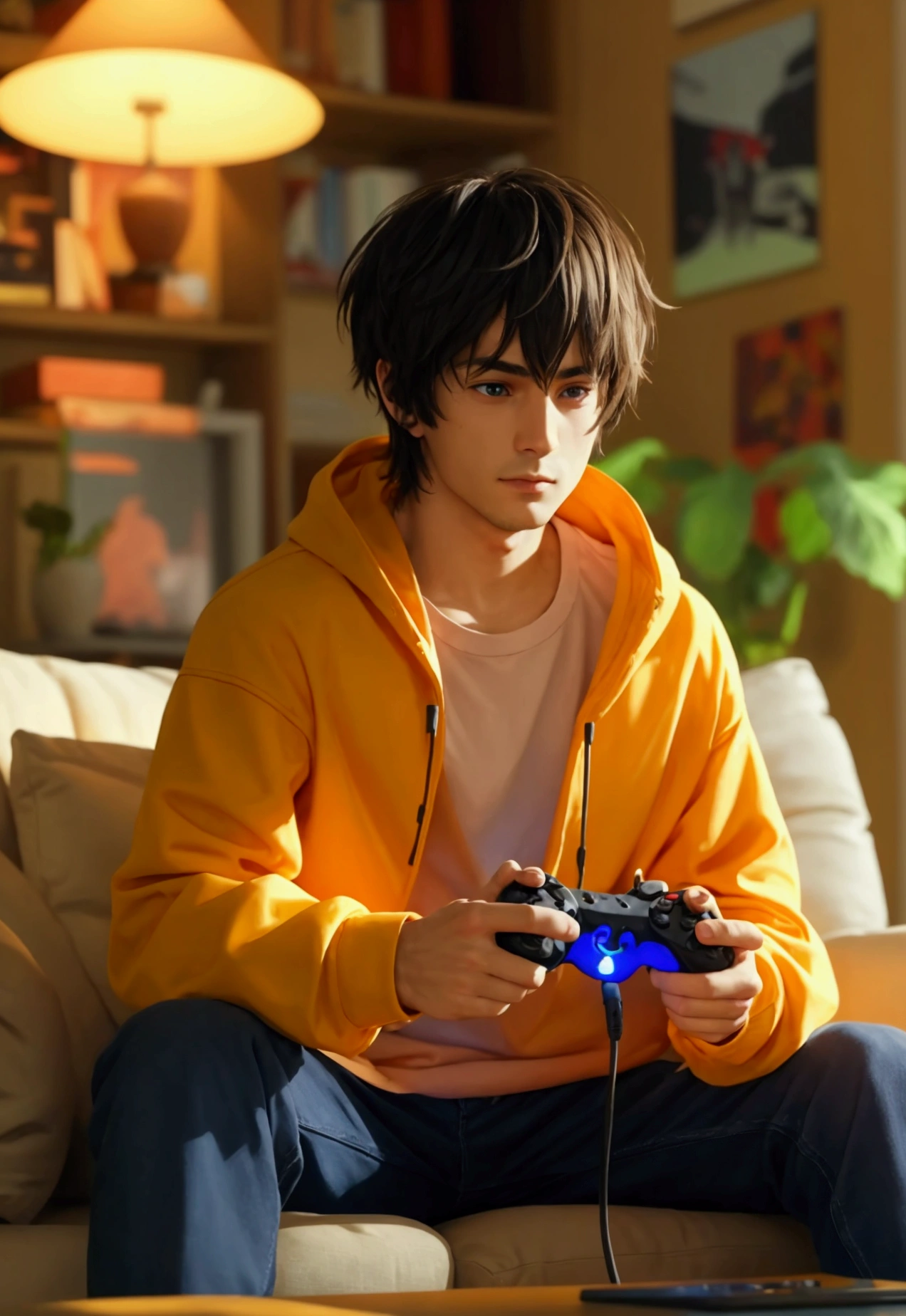 man sitting in the living room with a video game controller in his hand playing