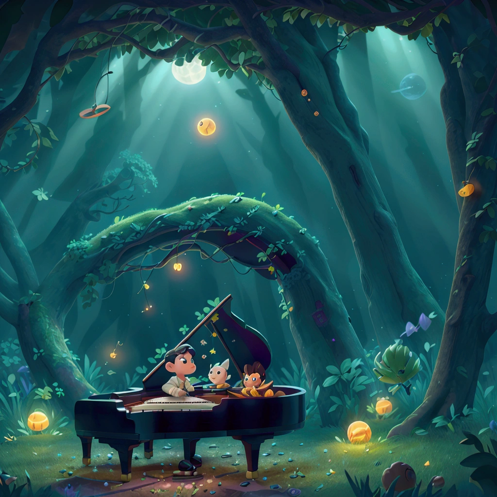 A piano in the moonlight, with musical notes floating in the air.