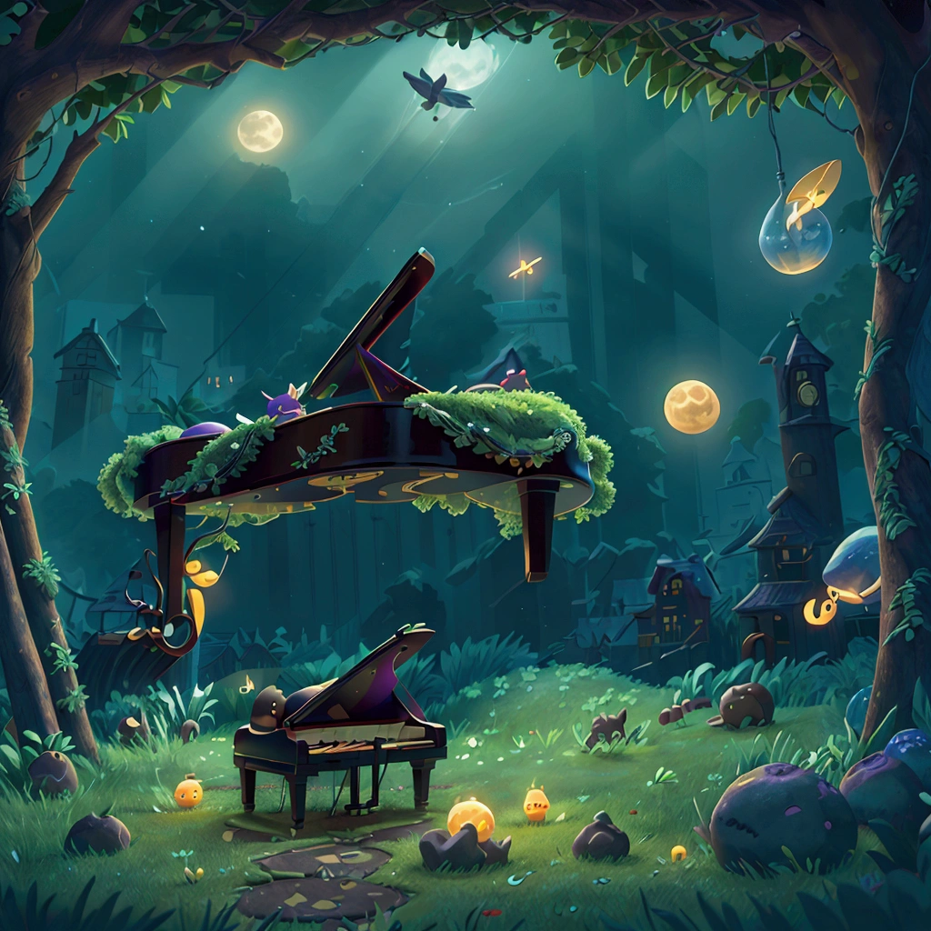 A piano in the moonlight, with musical notes floating in the air.