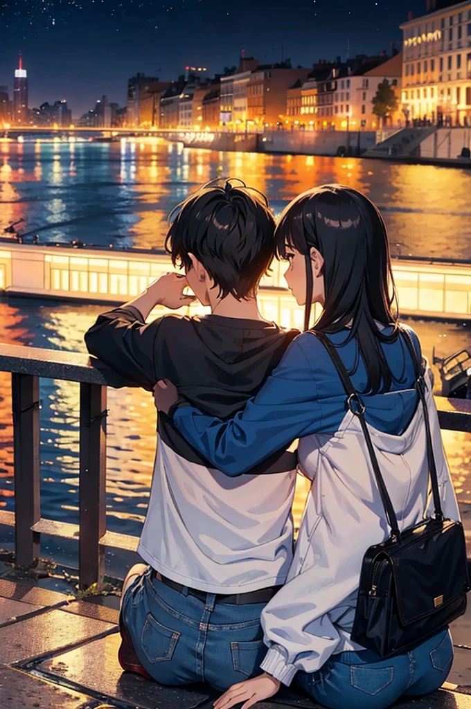 Couple sitting side by side(Young men and women),Sit on the embankment,Turn your back to the lens,Look up at the fireworks in the sky,Modern city,night
