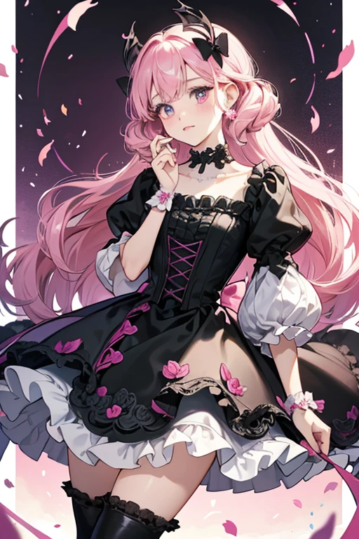 Confetti Carnivale is a fair-skinned girl with soft pink cheeks and basic black button eyes. She has deep pink hair that is all pinned back in very fancy curls held with two small black bows. Her bangs curl to the side with a single loose curl in the corner.
Confetti wears a fancy dress consisting of light purple silk with thin white stripes. At the end of both princess puff sleeves is a black lace ruffle material. Over her dress is a magenta layer, and lining the entire dress are soft pink ruffles and lace. At her neck is a three layer pearl necklace. She also has light purple boots with pink cuffs, giving them a resemblance to a pair of jester shoes. She also wears black and white harlequin stockings.
Confetti comes with a special mask of a black cat face with winged eyes and a small pink nose. The handle is pink with a tiny black bow SPARKLE; GLITTER;