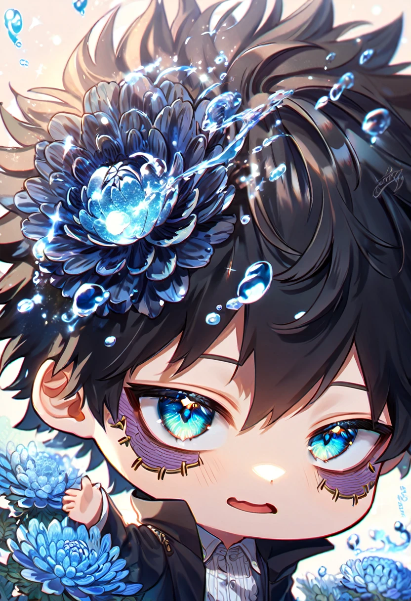 absurdres, highres, ultra detailed, HDR, master piece, best quality, extremely detailed, Dabi chibi, black hair, expressive turquoise eyes, Boku No Hero Academia, solo, boy, cute, black coat, fantasy, water, sparkling, blue glittering fireflies, blue moon, blue blossoms, blue chrysanthemums, blue sparkling lights, starry sky