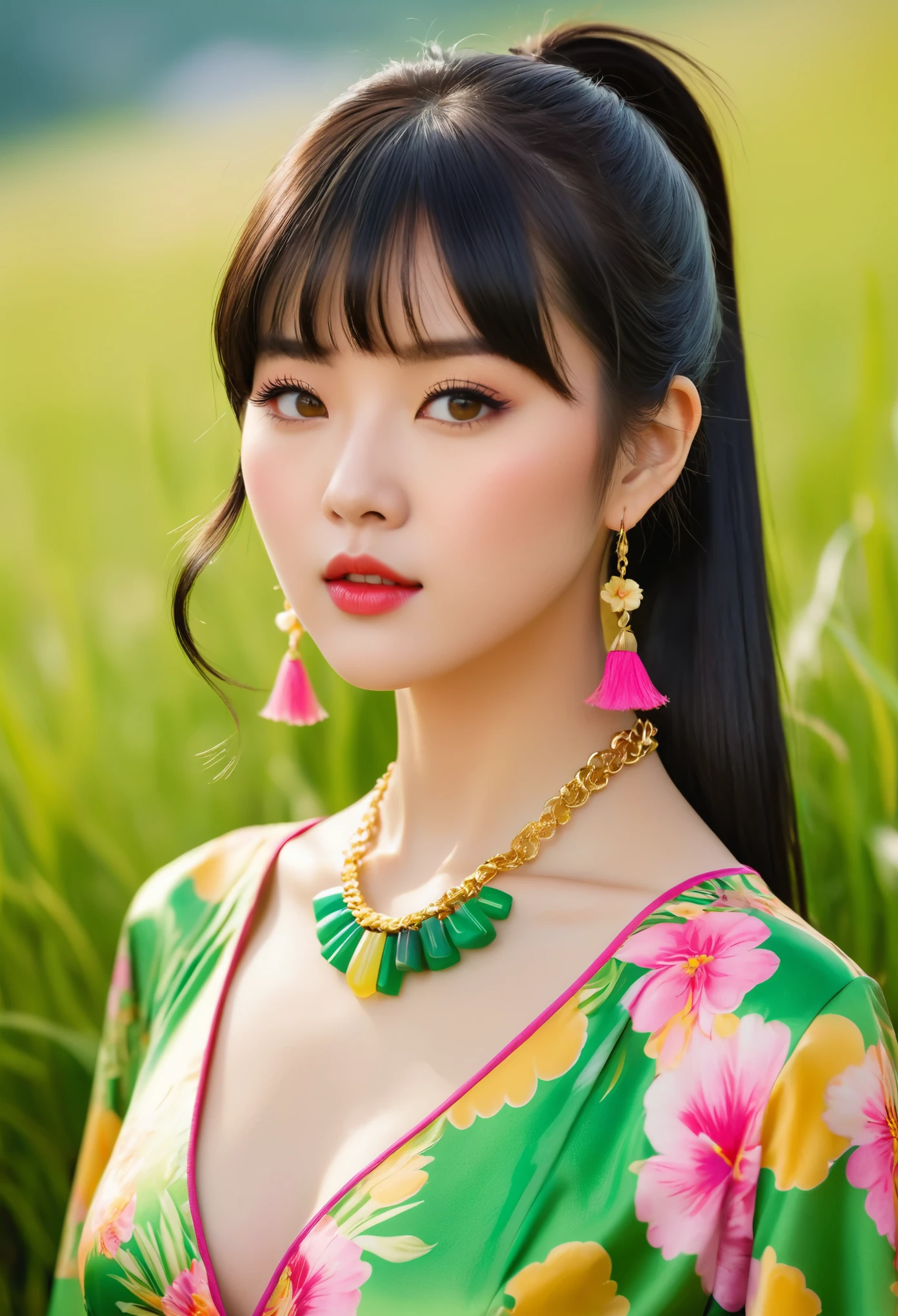 Chinese beauty, a real person photo of the top half of the body, wearing a floral green and yellow dress with a colorful pattern on it, a gold necklace around the neck, long black hair in a loose ponytail hairstyle, pink lips, right eye covered by bangs, a grassy lawn background, a front view angle, natural light, warm colors, charming, in the style of .