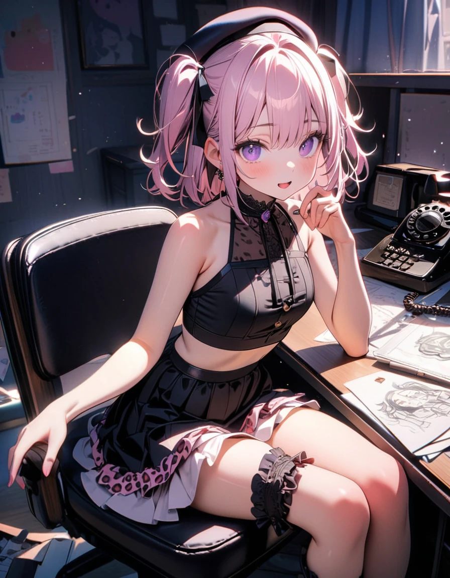 (8K, best quality, master piece: 1.2),super high resolution,1 girl,17yo,solo,ultra-detailed face,deep detailed eyes,Purple eyes,Mascara,two side up,rose pink hair,Beret,halter top,leopard pattern skirt,(The girl calling on a landline telephone in one hand),(The girl is doodling on a piece of drawing paper with her other hand),the Notepad has illustrations of three cats in different positions,smile,Bridal garter,:o,rim light,Sitting in a chair,messy room