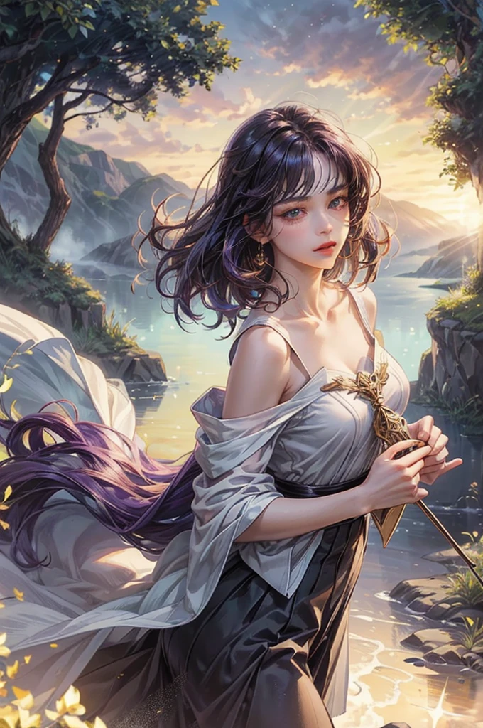 A beautiful young girl with dark purple ridged hair wearing a detailed sailor Saturn costume., Highly detailed and realistic, 8K, Masterpiece, very detailed, realistic, Physical rendering, Sharp focus, bright colors, incredible light, complicated details, digital art, Fantasy, magical, elegant, quiet