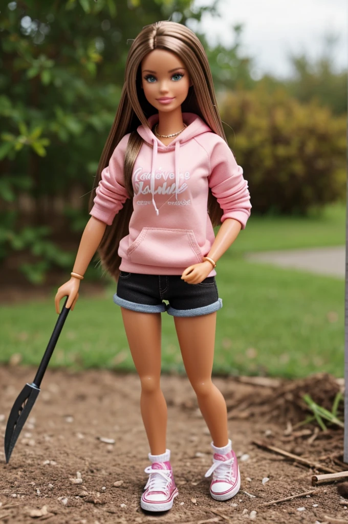 Create a barbie with light brown hair, wearing short black shorts, a light pink sweatshirt, and some Converse sneakers, carrying a pickaxe on its back and its ability is to shit eggs