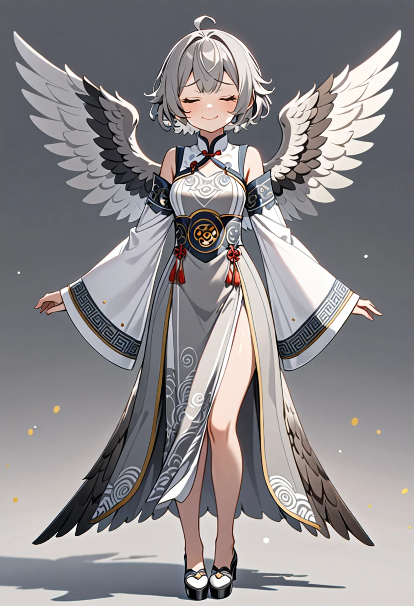 8K Ultra High-Quality, ultra-detailed, High quality, Grey hair, short hair, smug face, closed eyes, medium chest, white fancy dress with chinese design, grey owl wings, full body