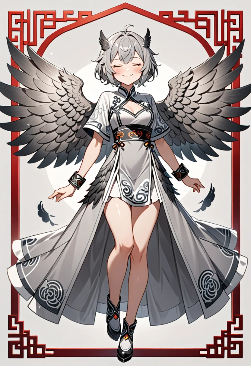 8K Ultra High-Quality, ultra-detailed, High quality, Grey hair, short hair, smug face, closed eyes, medium chest, white fancy dress with chinese design, grey owl wings, full body