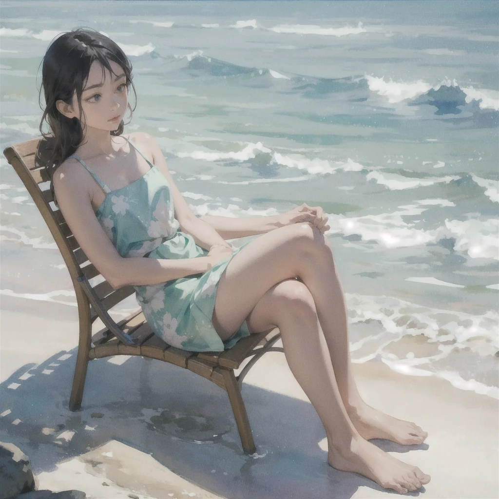 Tranquil voyager girl, in watercolor style, Photorealism, discreet pink and mint shades, barefoot