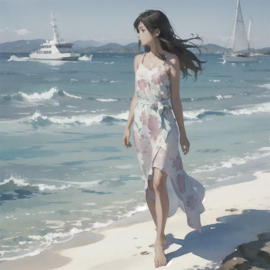 Tranquil voyager girl, in watercolor style, Photorealism, discreet pink and mint shades, barefoot
