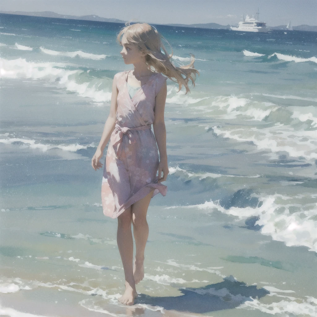 Tranquil voyager girl, in watercolor style, Photorealism, discreet pink and mint shades, barefoot