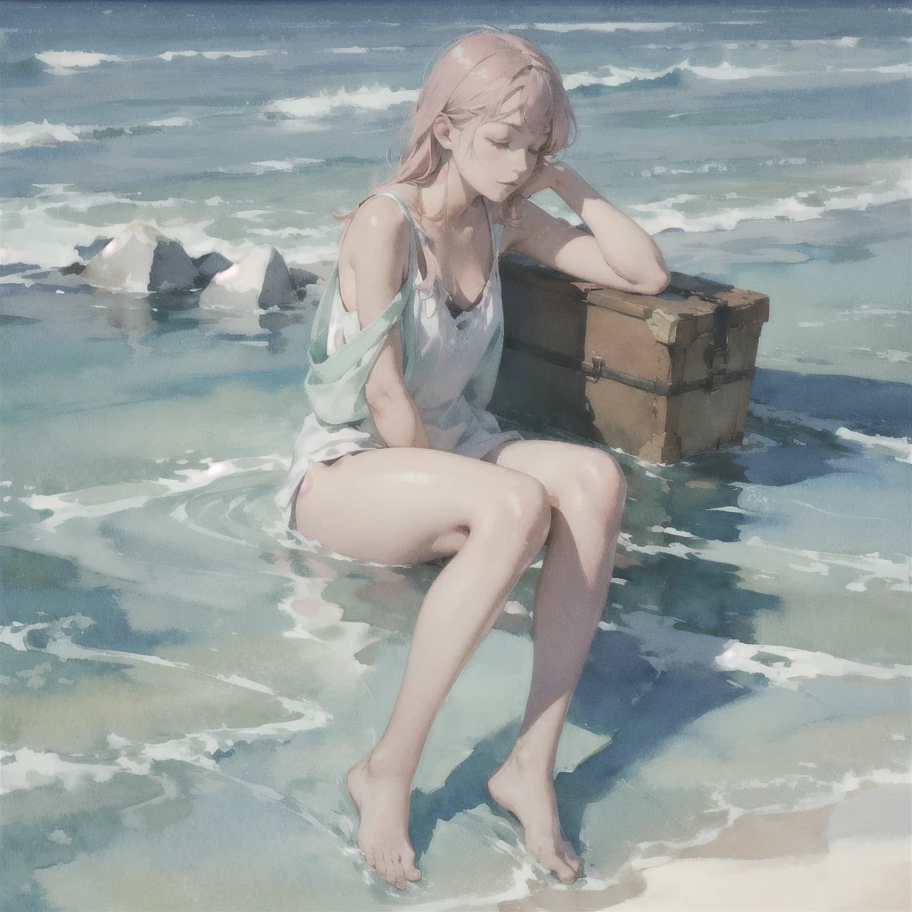 Tranquil voyager girl, in watercolor style, Photorealism, discreet pink and mint shades, barefoot