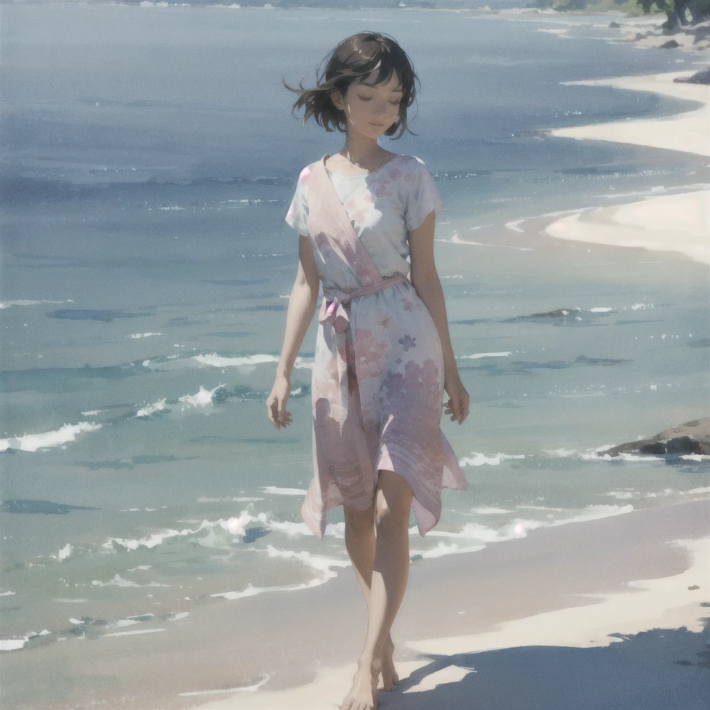 Tranquil voyager girl, in watercolor style, Photorealism, discreet pink and mint shades, barefoot