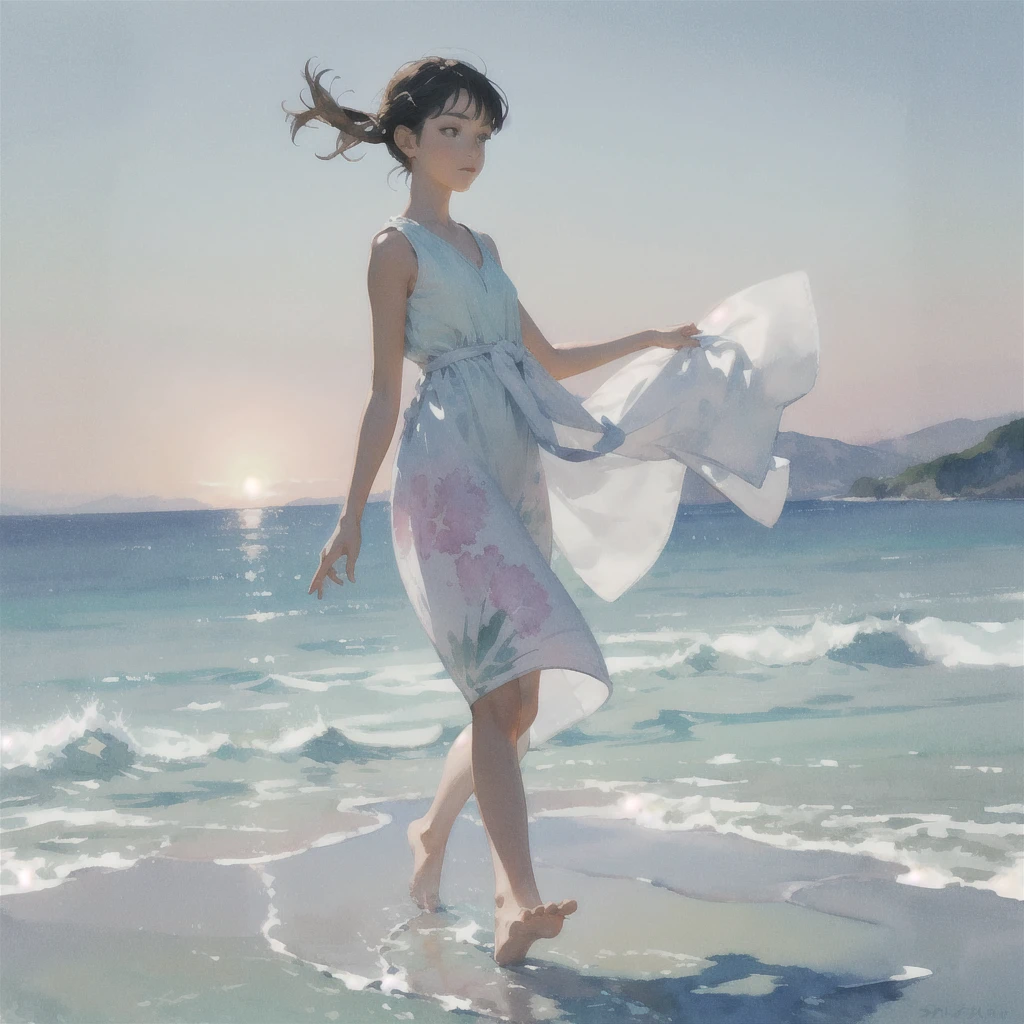 alone in the universe, Paint in watercolor style, Photorealism, discreet golden and ruby and mint shades, (nude) a gentle, modest thin girl of 14 years old with tender nipples walks barefoot in the distance along the coast