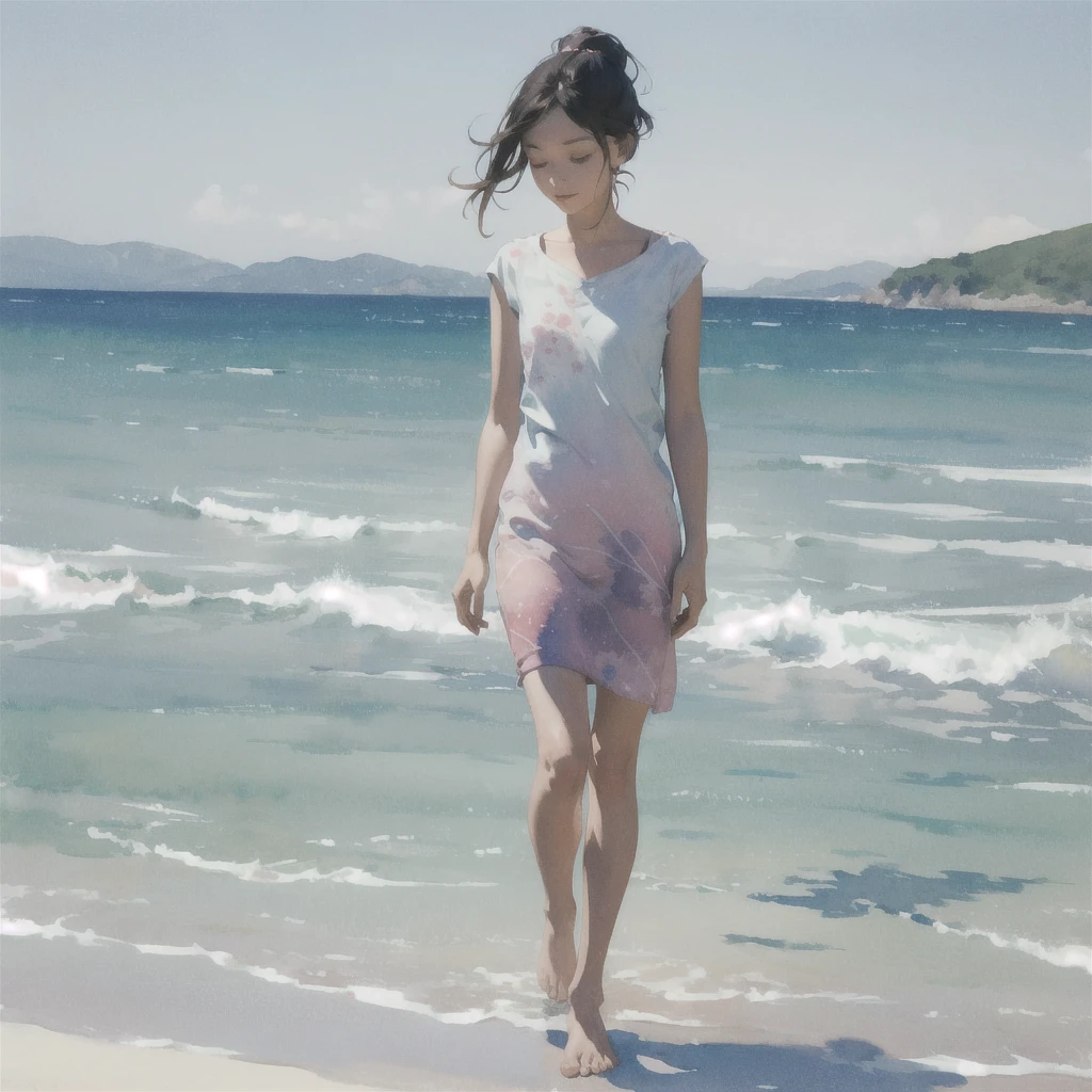 alone in the universe, Paint in watercolor style, Photorealism, discreet golden and ruby and mint shades, (nude) a gentle, modest, thin girl of 14 years old with a very beautiful, exquisite face of the southern type with a short hairstyle with tender nipples walks barefoot in the distance along the coast