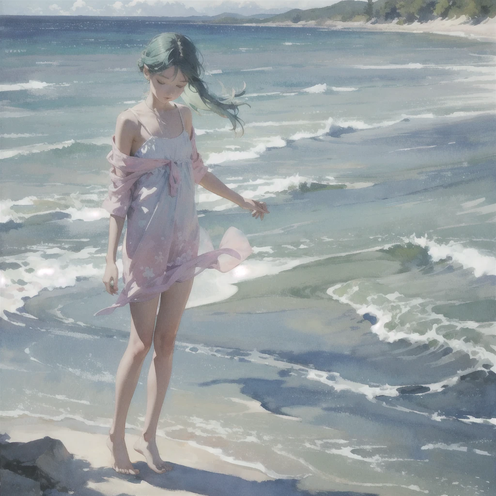 Tranquil voyager girl, in watercolor style, Photorealism, discreet pink and mint shades, barefoot