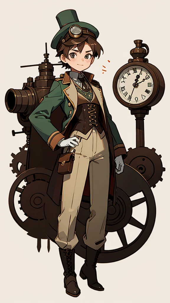 1.steampunk,15 years old,,Aviation goggles on the forehead,A fake smile,gloves,whole body,boots,pants,hat,Small clock gear,Steam Meter ,silk hat ,corset ,Adventurer-style leather gadget ,gas mask,Pocket watch ,compass ,White background