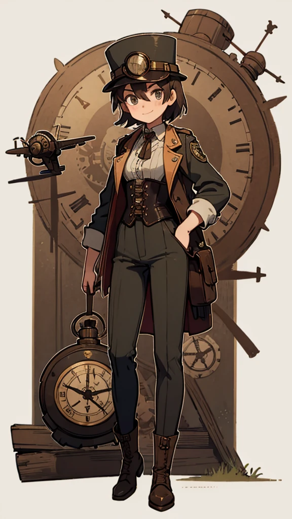 1.steampunk,15 years old,,Aviation goggles on the forehead,A fake smile,gloves,whole body,boots,pants,hat,Small clock gear,Steam Meter ,silk hat ,corset ,Adventurer-style leather gadget ,gas mask,Pocket watch ,compass ,White background