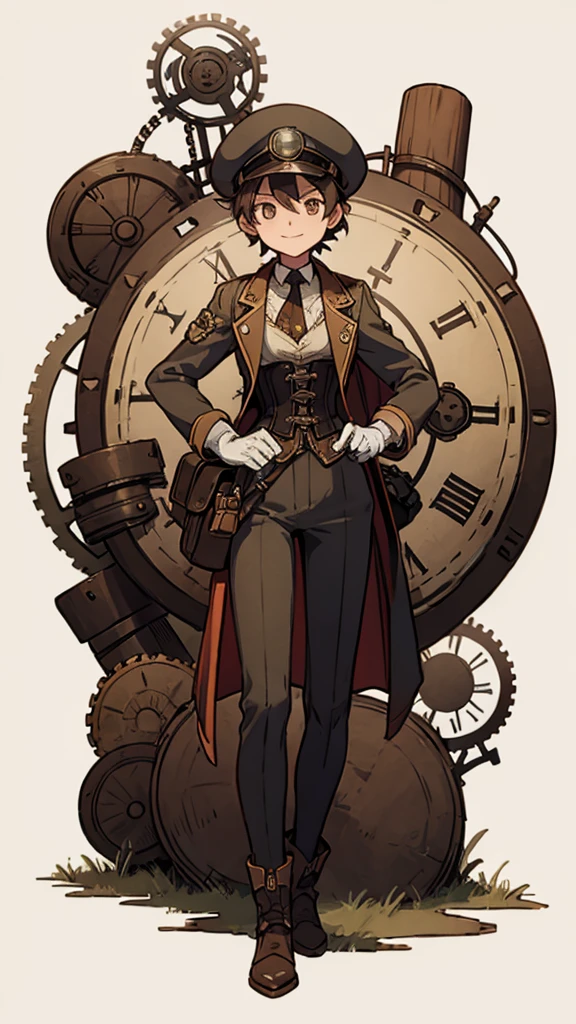 1.steampunk,,,Aviation goggles on the forehead,A fake smile,gloves,whole body,boots,pants,hat,Small clock gear,Steam Meter ,silk hat ,corset ,Adventurer-style leather gadget ,gas mask,Pocket watch ,compass ,White background
