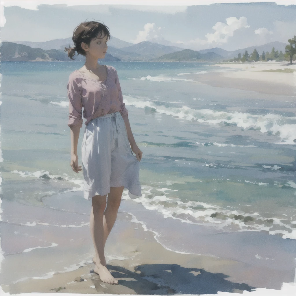 Tranquil voyager girl, in watercolor style, Photorealism, discreet pink and mint shades, barefoot