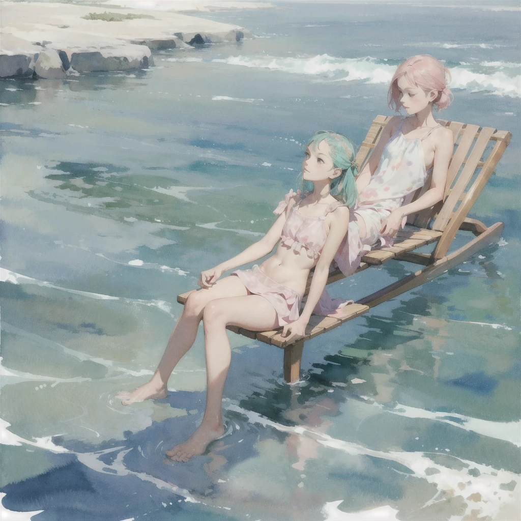 Tranquil voyager girl, in watercolor style, Photorealism, discreet pink and mint shades, barefoot