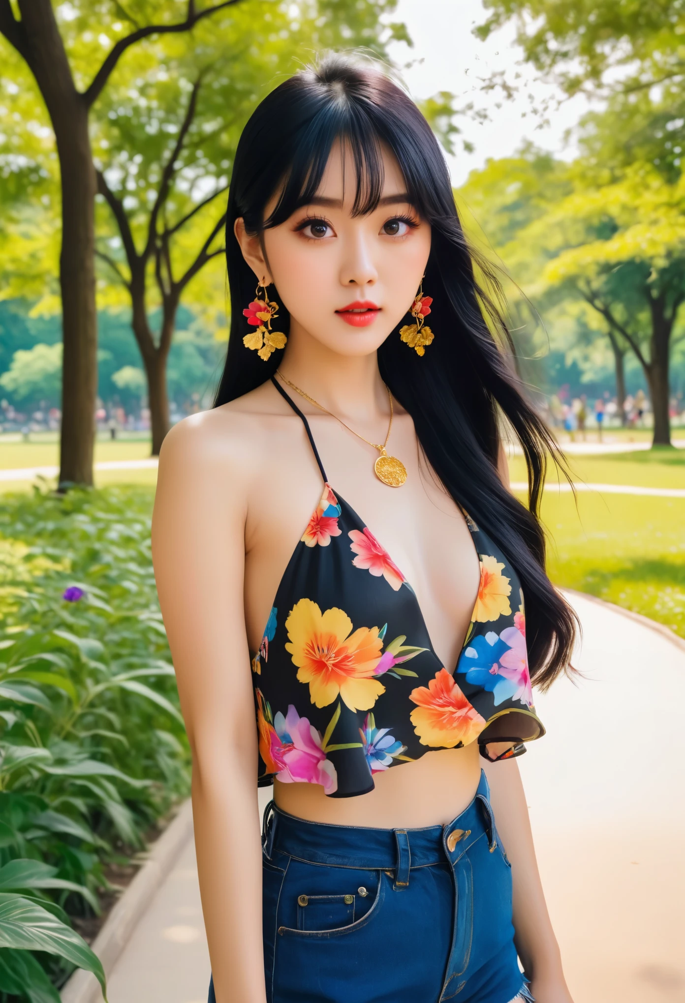 A photo of a beautiful Chinese girl with big eyes and long black hair with side bangs wearing a colorful floral halter top in the park. She has on a gold necklace and earrings. The photo was posted on Snapchat in the summer of 2018 in the style of casual photography.