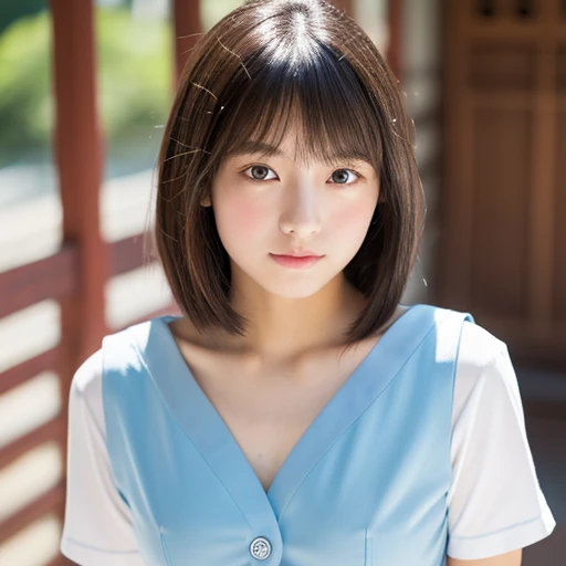 lens: 135mm f1.8,((Highest quality)),((Masterpiece)), ((Photorealistic)),(Beautiful 17 year old Japan woman), (Moist lips), Narrow eyes, double eyelid,Delicate clavicle,Flat Chest,short hair, (Let me'Let's take another look), shame, A faint smile, Professional Lighting,
(School Uniform), (Sunburned skin:0.2),Full body photo、Full body angle、Front angle、 figure、未成長なFlat chest、Stand upright、Tight waist、Small pelvis、pubic hair、Visible tan lines、Neat and elegant、Honor student、Angle above the knee、Front Angle、A white, inorganic studio、Small breasts、Flat chest、Ungrown breasts