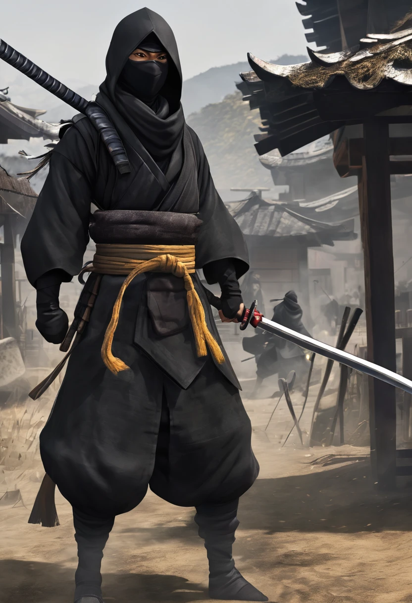 Create a black ninja with a long spear, Wearing a huge scarf, Hall々With an attitude of. Create a Destroyed Village Scenario, And there were several dead bodies around..