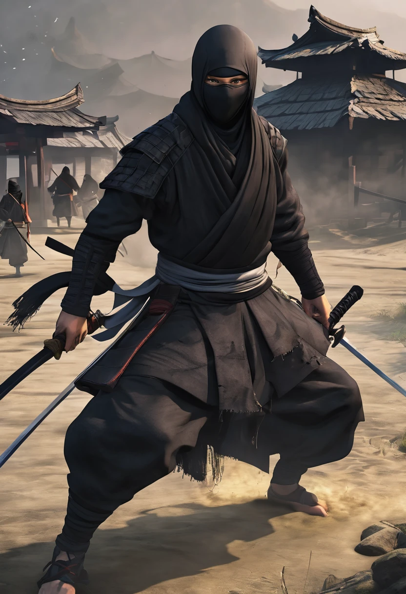Create a black ninja with a long spear, Wearing a huge scarf, Hall々With an attitude of. Create a Destroyed Village Scenario, And there were several dead bodies around..