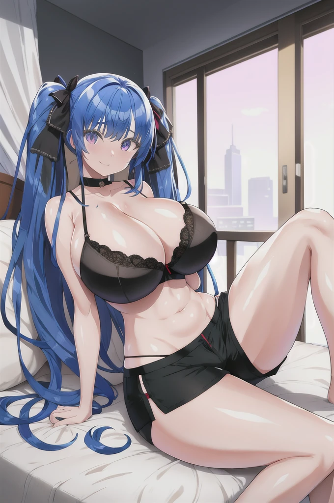 masterpiece, Highest quality, One girl, alone, Mature Girls, Mature Woman, Long Hair, Twin tails, absurdly Long Hair, View your viewers, Sitting, On the bed, indoor, (Hotel Rooms:1.2), (Spread your legs:1.2), Blue Hair, Purple eyes, Shiny skin, Huge breasts, (Thick thighs), (Wide Hips), (Black bra), (Shorts:1.1), smile, Grin, Improve