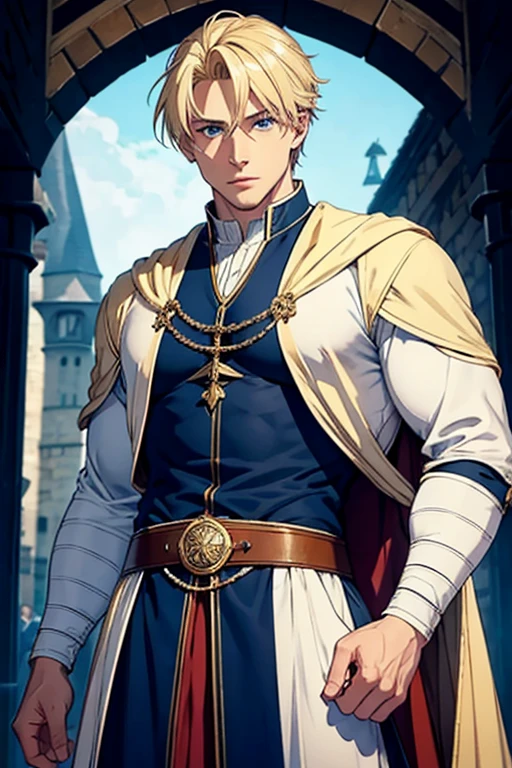 blonde man with blue eyes,muscular and well dressed in medieval clothes,apparently rich