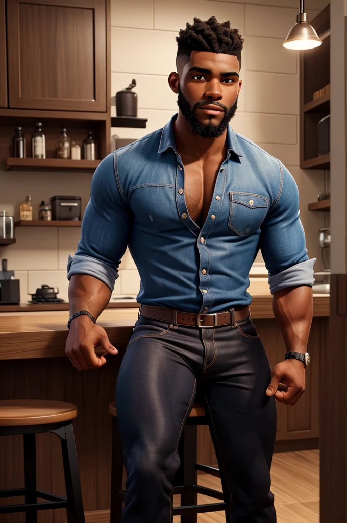 a well-built muscular black man in his early 20s with dark skin, a well-trimmed beard, and a fade haircut, named Savon Jackson, sitting on a bar stool in a modern kitchen, hyper-realistic, cinematic lighting, high-quality, extremely detailed, 8k, photorealistic