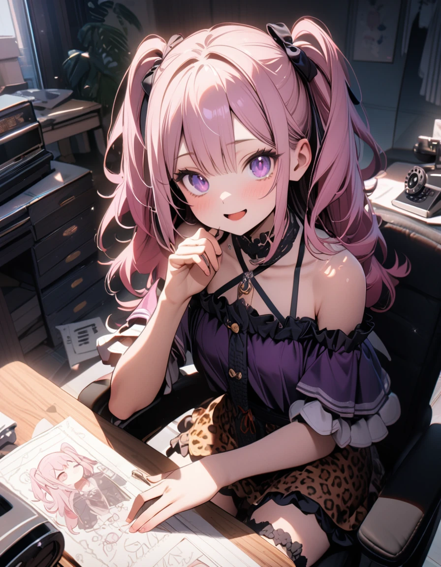 (8K, best quality, master piece: 1.2),super high resolution,1 girl,yo,solo,ultra-detailed face,deep detailed eyes,Purple eyes,Mascara,two side up,rose pink hair,halter top,leopard pattern skirt,(The girl calling on a landline telephone in one hand),(The girl is doodling on a piece of drawing paper with her other hand),the Notepad has illustrations of three cats in different positions,smile,Bridal garter,:o,rim light,Sitting in a chair,messy room