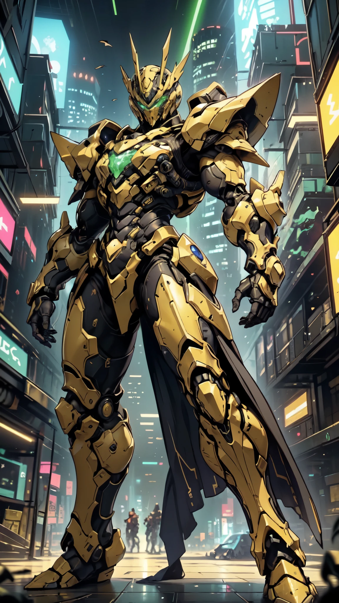 (masterpiece:1.5, best quality:1.5, extremely delicate:1.5, foreshortening:1.5, dynamic angle:1.5), a man wearing a full-face helmet, a fantasy-style biotech armored combat suit, green eyes, (a composite layered chest armor), fully enclosed shoulder guards, matching arm and leg guards, the belt is adorned with neon circuitry, (the color scheme is primarily black glow with green and red accents), the design balances heavy with agility, a high-tech bio-mecha armor, (Armor Concept Inspired by neon Cyberpunk, stand on the top of a skyscraper in a futuristic sci-fi city), this character embodies a finely crafted fantasy-surreal style armored hero in anime style, exquisite and mature manga art style, (element, plasma, energy, the armor glows), ((male:1.5)), metallic, high definition, highres, ultra-detailed, ultra-fine painting, professional, perfect body proportions, golden ratio, anatomically correct, symmetrical face, extremely detailed eyes and face, high quality eyes, creativity, RAW photo, UHD, 32k, Natural light, cinematic lighting, masterpiece-anatomy-perfect