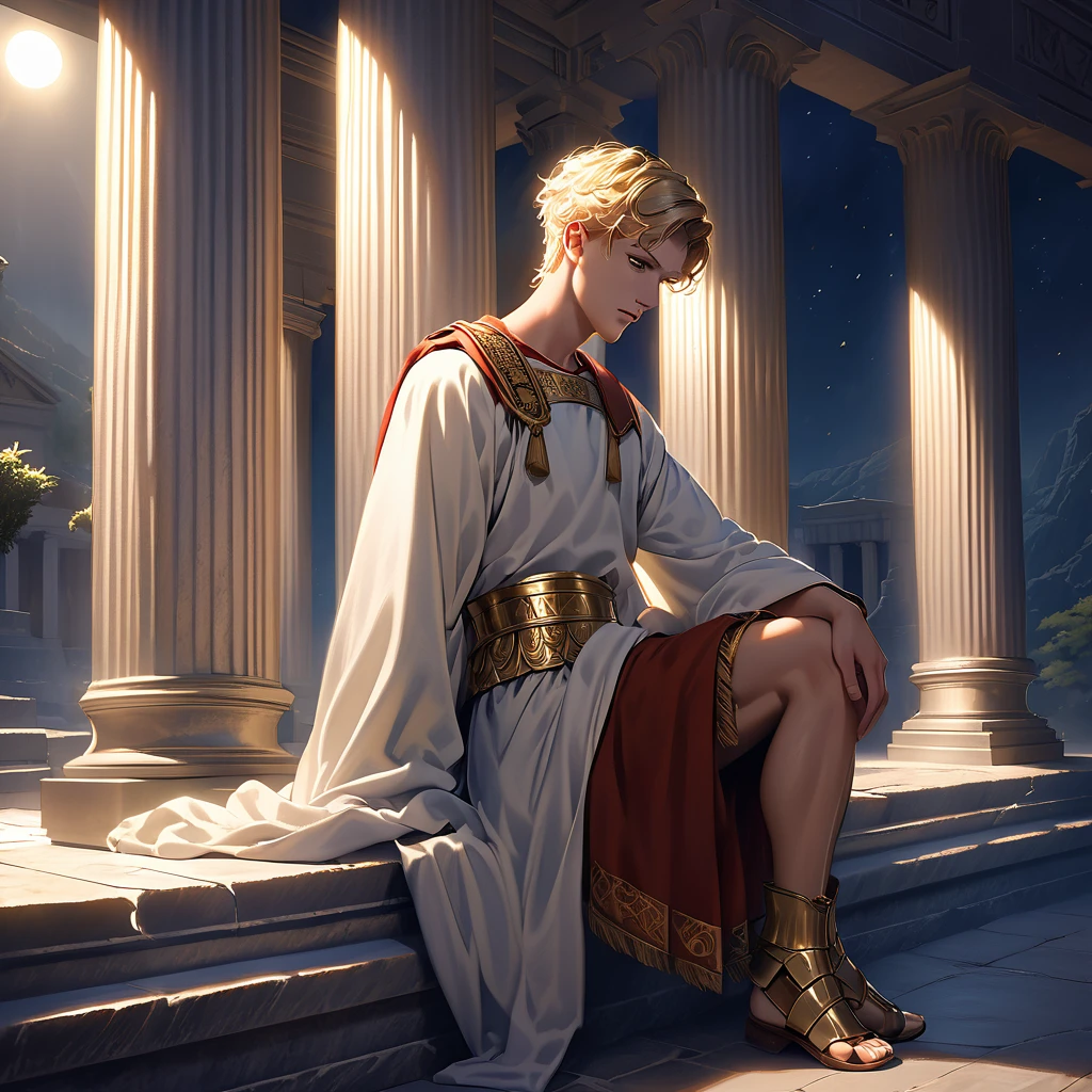 Handsome young blond man, around 20 years old, Greco-Roman soldier, liturgical uniform, ancient Greek temple, leaning against a pillar in thought, head bowed slightly, arms folded, weight on one leg, the other slightly bent, late night inside the temple (dark: 1.3) (unlit: 1.2), moonlight shining in at an angle and illuminating him clearly.
Highly detailed, photorealistic, realistic lighting, intricate architecture, ornate decor, cool color palette, gold accents, soft fabric textures, seductive facial expression, graceful pose, cinematic composition, natural lighting, realistic shadows, mysterious atmosphere, hyperrealistic, award-winning art