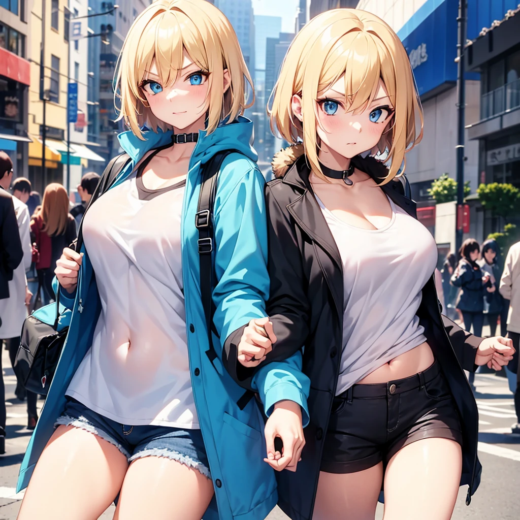 2D Anime Style、Blue eyes、breasts are slightly larger、A cool adult woman with bouncing short blonde hair and an angry expression.........、Wearing shorts and a long coat with fur、She wears a fashion that shows her stomach、hold the bag in the right hand。.。.、Hold your smartphone in your left hand,Walking around the city alone, Hold your right hand towards the viewer taking center neck vision viewer.