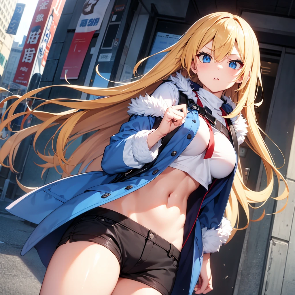 2D Anime Style、Blue eyes、breasts are slightly larger、A cool adult woman with bouncing short blonde hair and an angry expression.........、Wearing shorts and a long coat with fur、She wears a fashion that shows her stomach、hold the bag in the right hand。.。.、Hold your smartphone in your left hand,Walking around the city alone, Hold your right hand towards the viewer taking center neck vision viewer.