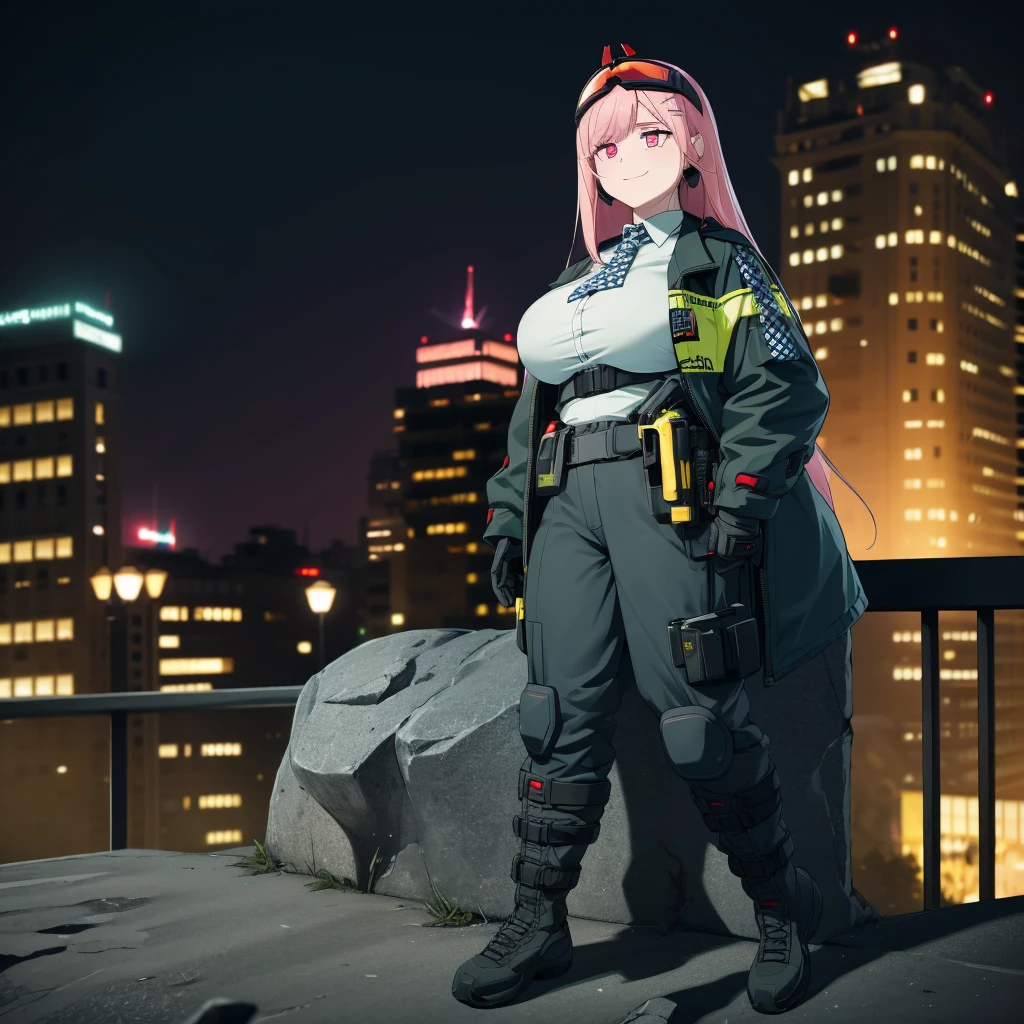 A woman wearing a black military shirt, with military camouflage, long sleeves, cargo pants with military camouflage, green arm band, pink hair, long hair, hot pink eyes, black boots, muscular, large breasts, at a high point of a rock, smiling, standing upright, with a view of the big city, place at night, lighting in place.(solo woman) ,UHD , prime work , accurate , anatomically correct , textured skin , super details , high quality , best quality, 8k, high resolution, bokeh effect.
