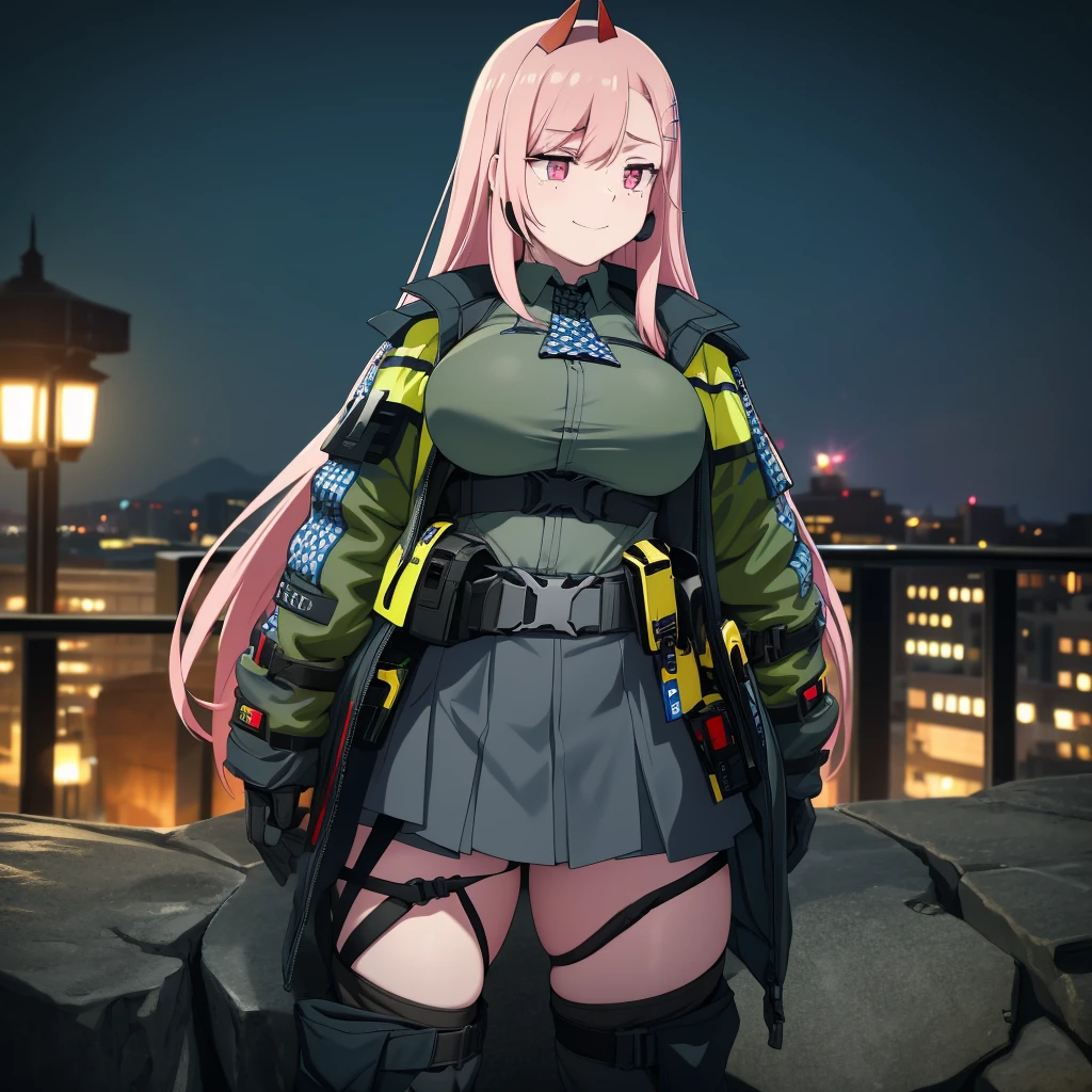 A woman wearing a black military shirt, with military camouflage, long sleeves, cargo pants with military camouflage, green arm band, pink hair, long hair, hot pink eyes, black boots, muscular, large breasts, at a high point of a rock, smiling, standing upright, with a view of the big city, place at night, lighting in place.(solo woman) ,UHD , prime work , accurate , anatomically correct , textured skin , super details , high quality , best quality, 8k, high resolution, bokeh effect.
