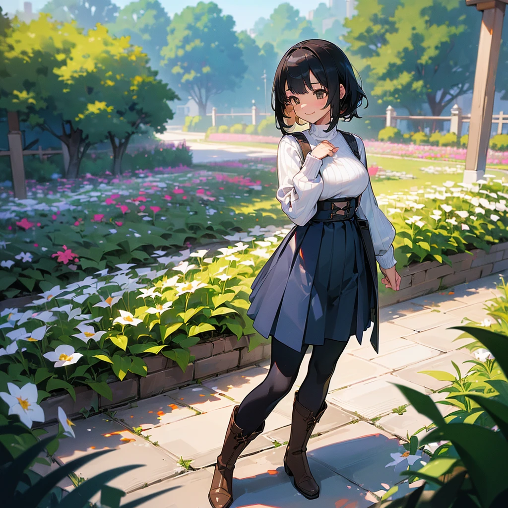 (high quality, High resolution, Very detailed, reality:1.37), Peaceful atmosphere, (Outdoor, garden), Teenage girl standing alone, (my breasts are big.), Beautiful details, Cute Smile, (Black bob hair), Ribbed sweater, Blue Skirt, Black tights, Brown boots.
