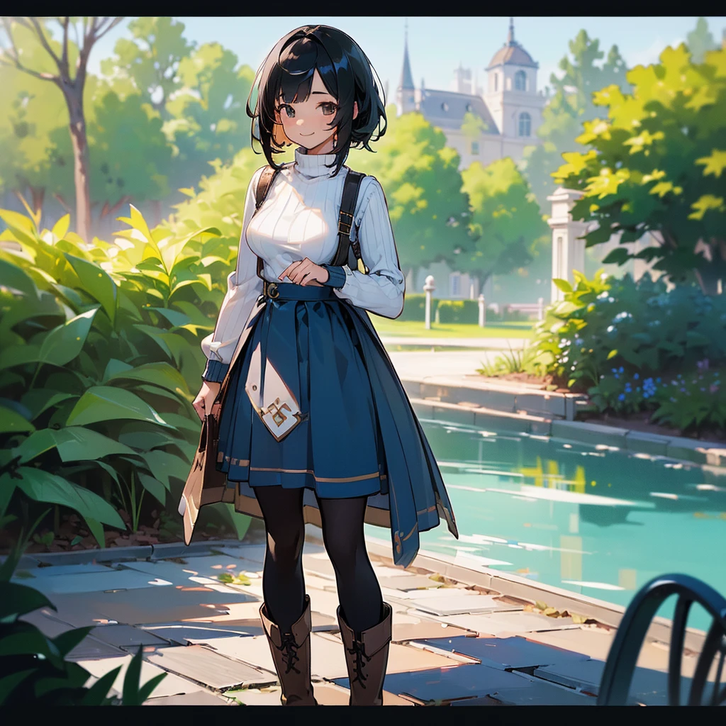(high quality, High resolution, Very detailed, reality:1.37), Peaceful atmosphere, (Outdoor, garden), age girl standing alone, (my breasts are big.), Beautiful details, Cute Smile, (Black bob hair), Ribbed sweater, Blue Skirt, Black tights, Brown boots.
