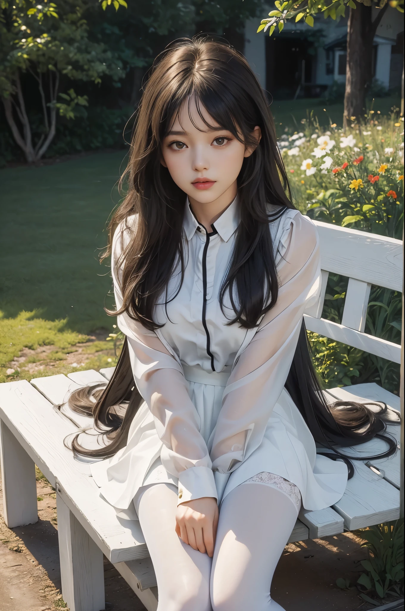 (best quality, 4k, Masterpiece, Ultra detailed, hyperrealism, RAW quality), 1 girl, sitting cross-legged on white garden bench, looking at the sky, she: long plain skirt, thick black pantyhose, buttoned blouse, jacket in hand, wings, hair down, noon, English lamps, little birds.