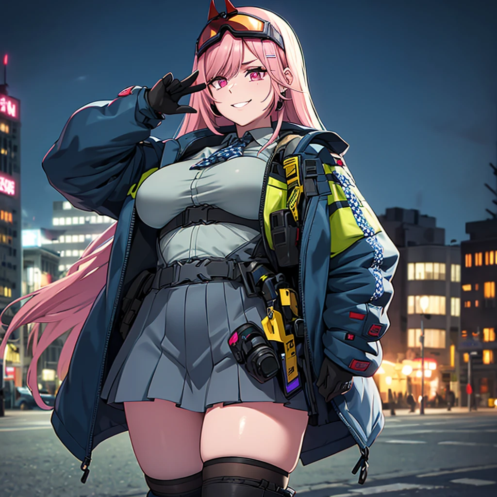 A woman wearing a black military shirt, with military camouflage, long sleeves, cargo pants with military camouflage, green arm band, pink hair, long hair, hot pink eyes, black boots, muscular, large breasts, at a high point of a rock, smiling, standing upright, with a view of the big city, place at night, lighting in place.(solo woman) ,UHD , prime work , accurate , anatomically correct , textured skin , super details , high quality , best quality, 8k, high resolution, bokeh effect.
