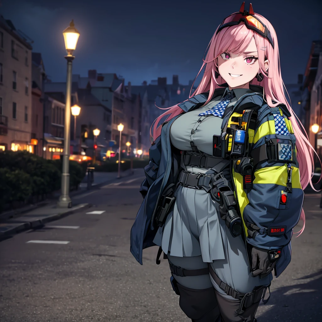 A woman wearing a black military shirt, with military camouflage, long sleeves, cargo pants with military camouflage, green arm band, pink hair, long hair, hot pink eyes, black boots, muscular, large breasts, at a high point of a rock, smiling, standing upright, with a view of the big city, place at night, lighting in place.(solo woman) ,UHD , prime work , accurate , anatomically correct , textured skin , super details , high quality , best quality, 8k, high resolution, bokeh effect.
