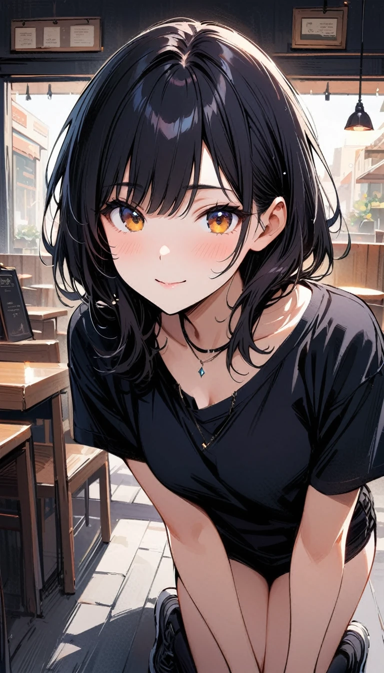 (masterpiece, best quality:1.2), 1 very beautiful girl, alone, Happy expression looking at the camera in a cafe, Precise face, beauty, whole body, simple background, Nizi 5,
