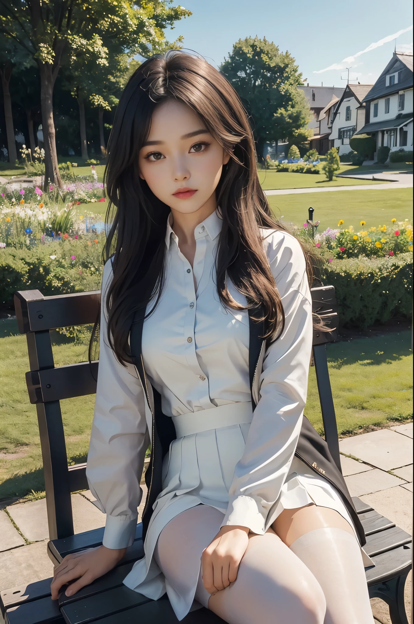 (best quality, 4k, Masterpiece, Ultra detailed, hyperrealism, RAW quality), 1 girl, sitting cross-legged on white garden bench, looking at the sky, she: long plain skirt, thick black pantyhose, buttoned blouse, jacket in hand, wings, hair down, noon, English lamps, little birds.