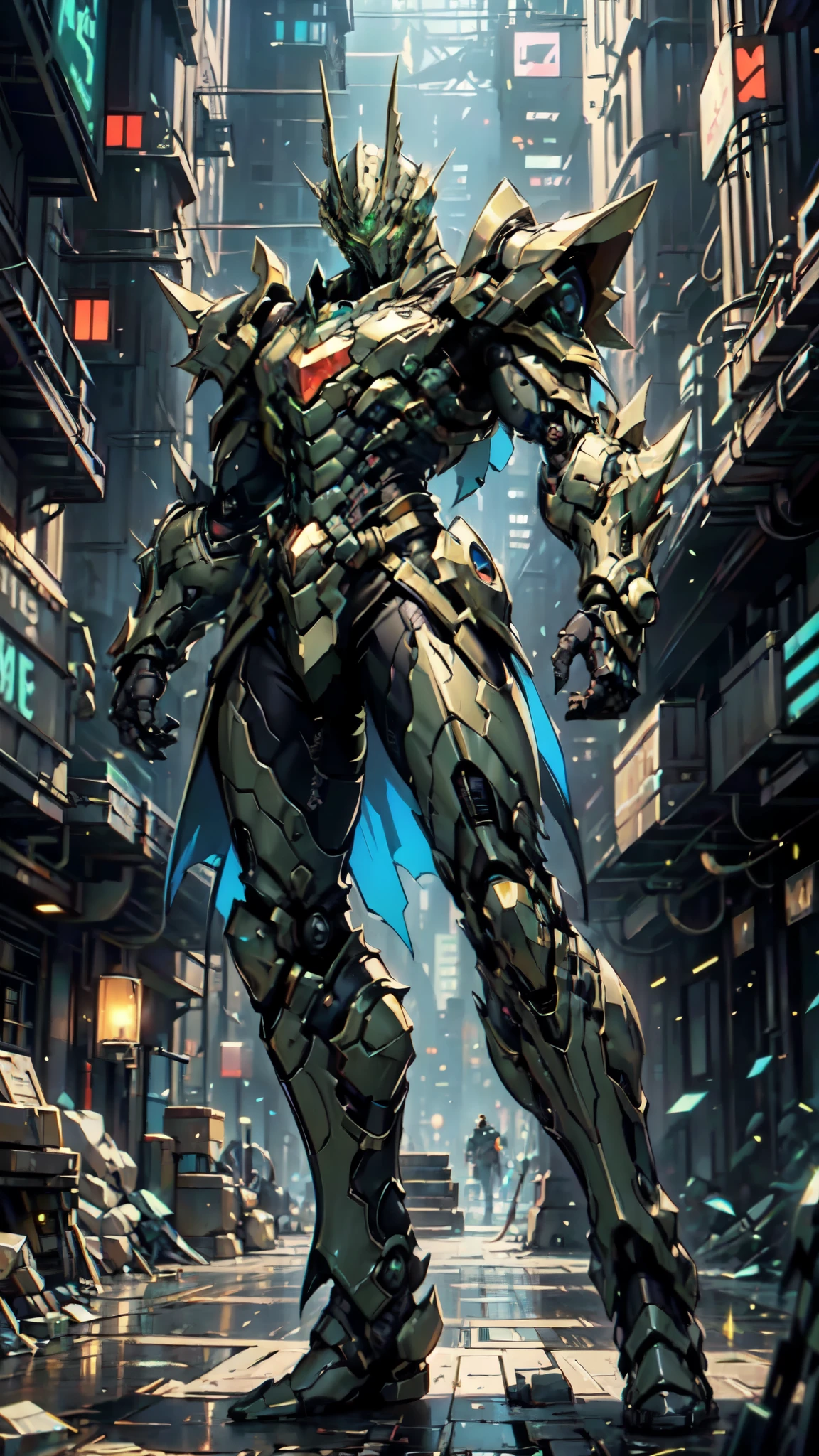 (masterpiece:1.5, best quality:1.5, extremely delicate:1.5, foreshortening:1.5, dynamic angle:1.5), a man wearing a full-face helmet, a fantasy-style biotech armored combat suit, green eyes, (a composite layered chest armor), fully enclosed shoulder guards, matching arm and leg guards, the belt is adorned with neon circuitry, (the color scheme is primarily black glow with green and red accents), the design balances heavy with agility, a high-tech bio-mecha armor, (Armor Concept Inspired by neon Cyberpunk, stand on the top of a skyscraper in a futuristic sci-fi city), this character embodies a finely crafted fantasy-surreal style armored hero in anime style, exquisite and mature manga art style, (element, plasma, energy, the armor glows), ((male:1.5)), metallic, high definition, highres, ultra-detailed, ultra-fine painting, professional, perfect body proportions, golden ratio, anatomically correct, symmetrical face, extremely detailed eyes and face, high quality eyes, creativity, RAW photo, UHD, 32k, Natural light, cinematic lighting, masterpiece-anatomy-perfect