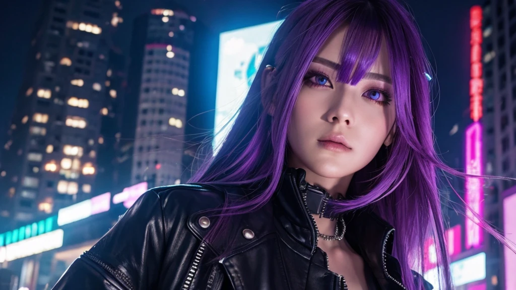 Cyberpunk Style;Her hair is purple、male、Zoom in on face