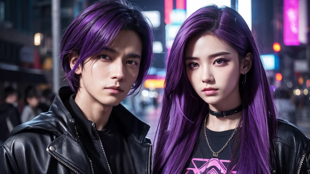 Cyberpunk Style;Her hair is purple、male、Zoom in on face
