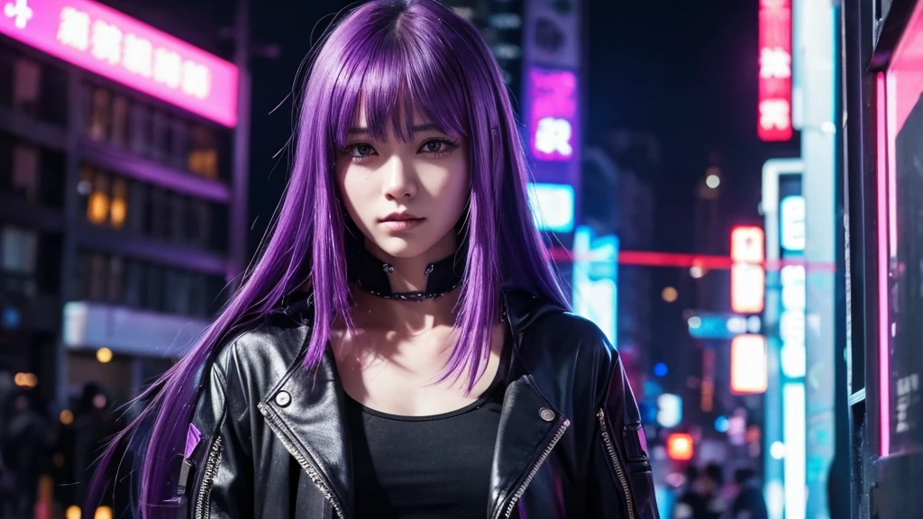 Cyberpunk Style；Her hair is purple、male、Zoom in on face